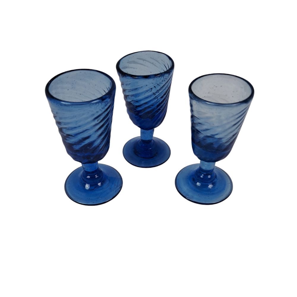 (3) Cobalt Blue Vintage 4.5" Hand Blown Glass Glasses with Swirl Pattern
